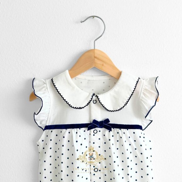 NWT Pretty Girls One-piece Romper Bubble Ruffled Polkadots White & Navy 3-6M - Picture 3 of 3